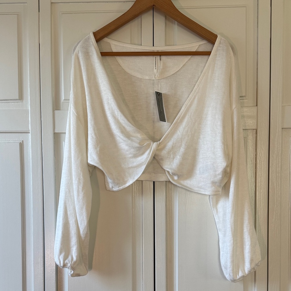 Anthropologie White Knit Cropped Shawl/Blouse with Balloon Sleeves